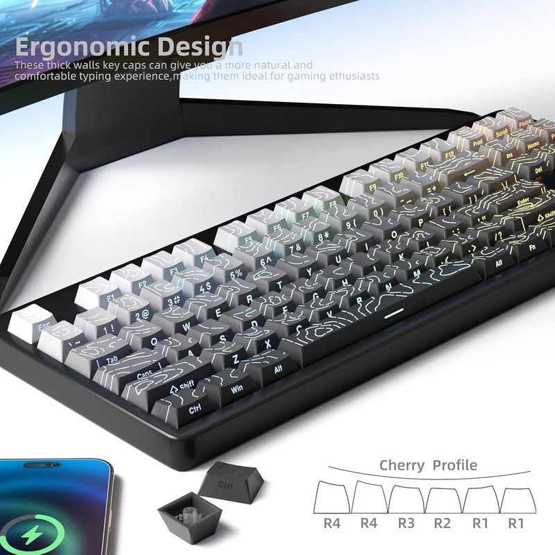 FunHub Shine Through PBT Keycaps - Black Double Shot Side Printed Backlit Keycaps Set 133 Keys 60% 65% 75% 100% Cherry Profile,Gradient Topographic Custom Key Caps for MX Switch Gaming Keyboards - Image 4